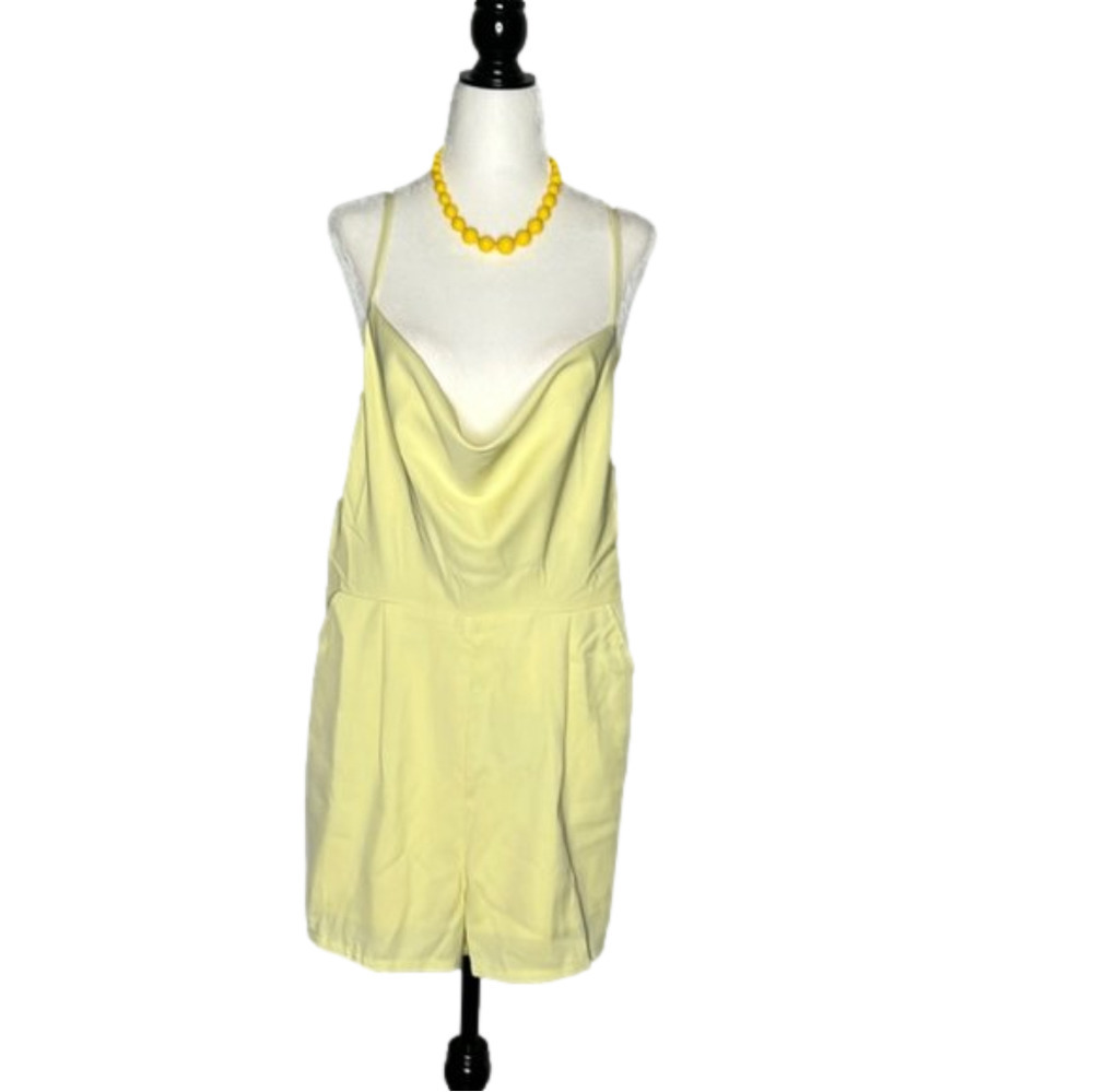 Le Lis Yellow Cowl Neck Open  Back Pleated Cami Short Romper